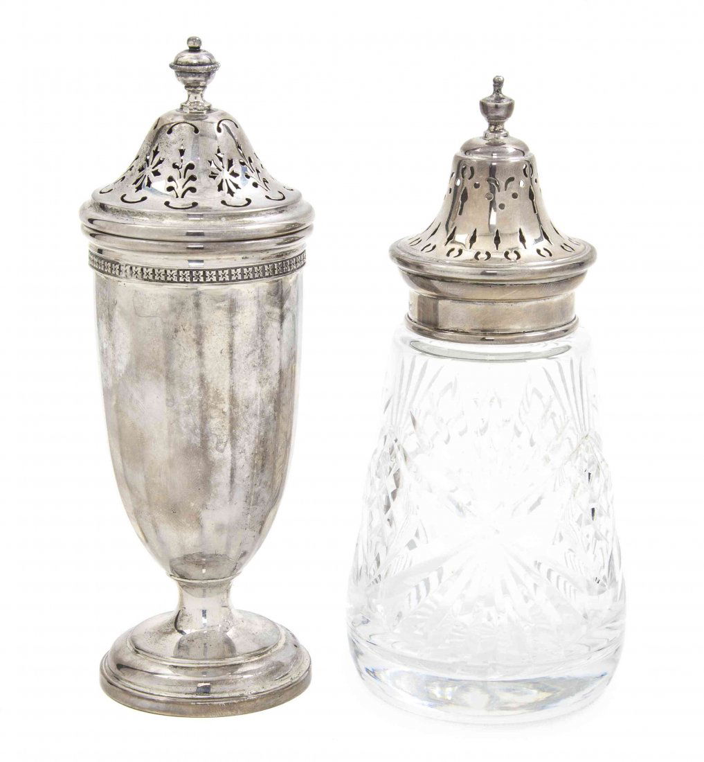An George V Silver Sugar Caster, Henry Matthews, Height: An George V Silver Sugar Caster, Henry Matthews, 1930, of baluster form with a pierced lid, together with an English silver mounted cut glass jar, Barker Ellis Silver Co., 1964; approximate total weig