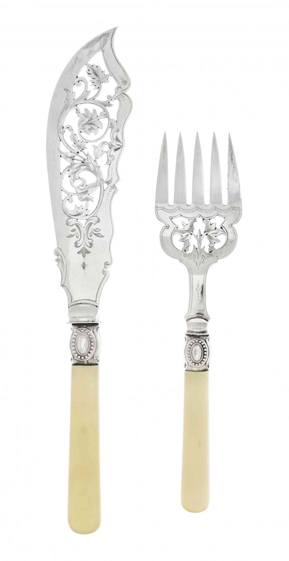 Two English Cased Silverplate Serving Sets, Length of f: Two English Cased Silverplate Serving Sets, comprising a berry service including four spoons, a sugar sifter and a cream ladle, and a fish service including a knife and fork with ivory handles. Length