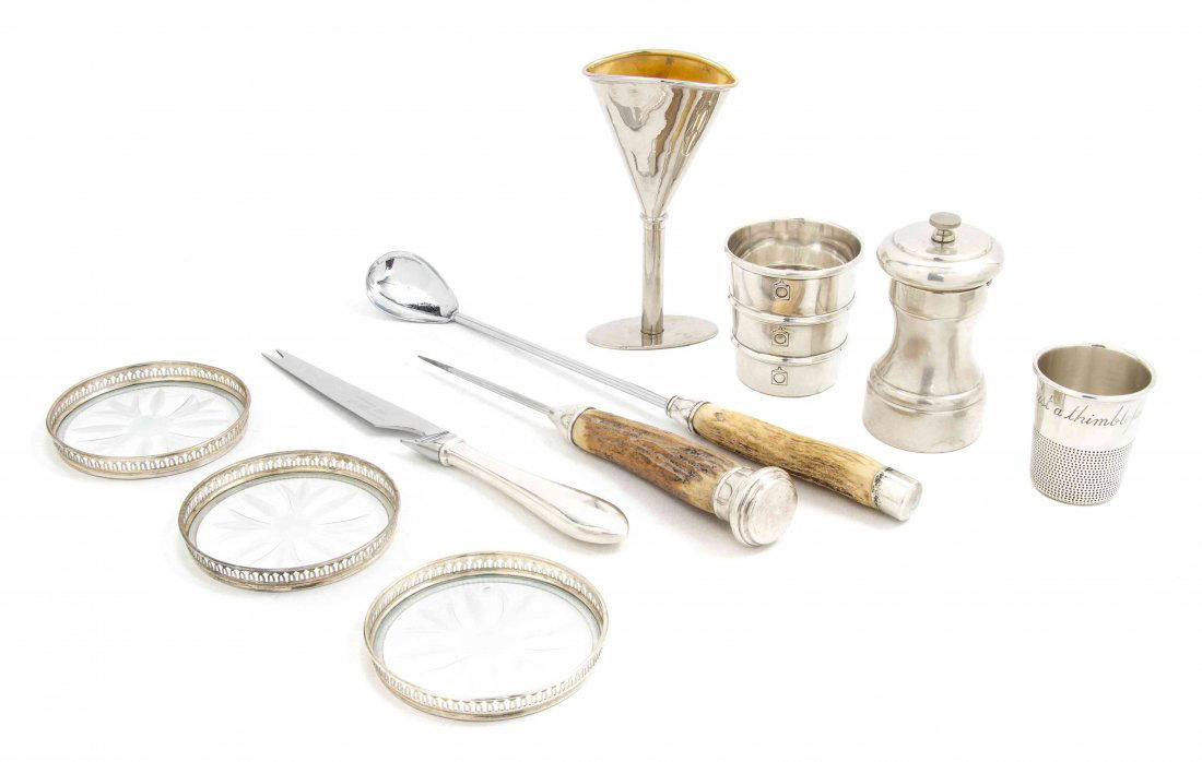 A Collection of Sterling Silver Bar Articles, Diameter : A Collection of Sterling Silver Bar Articles, comprising six coasters by Webster Co. with reticulated edges and a glass base, a set of nine coasters marked Sterling, a jigger by Gorham, a jigger by To