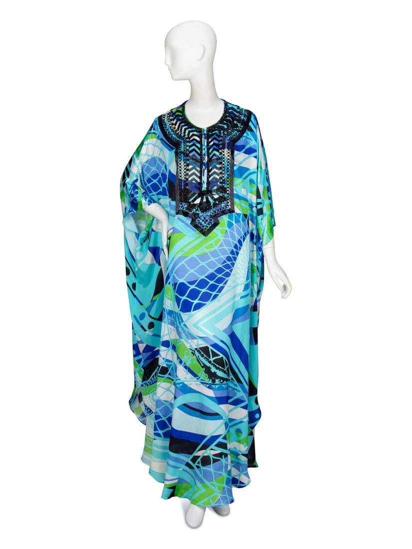 EMILIO PUCCI, EMBELLISHED PRINTED SILK KAFTAN: EMILIO PUCCI, EMBELLISHED PRINTED SILK KAFTAN Kaftan in multicolor Pucci-printed silk crêpe de chine. Features jet bead & rhinestone-embellished bib/neckline. Round neckline with slit at chest; singl