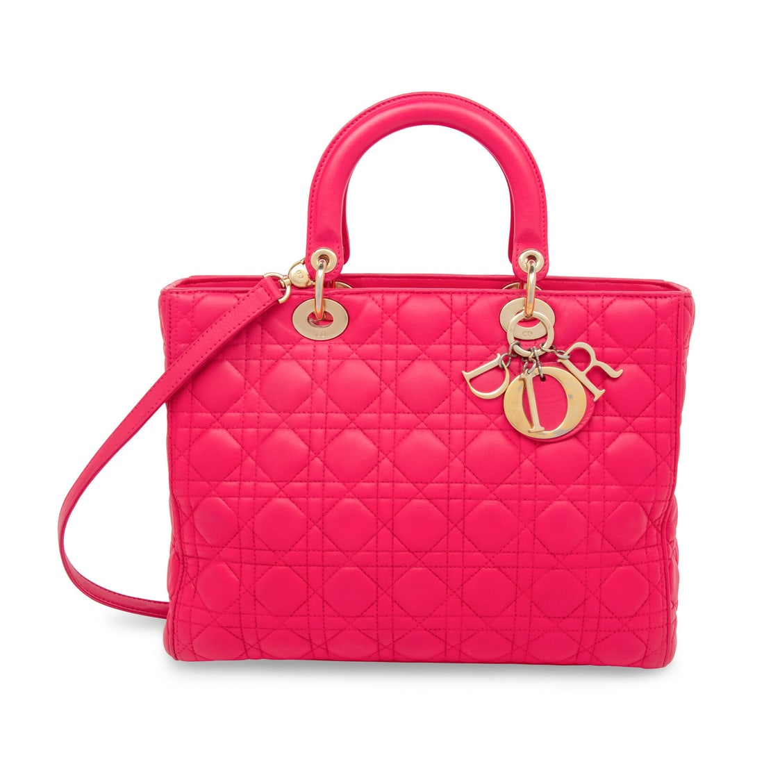 CHRISTIAN DIOR, LARGE PINK LADY DIOR BAG: CHRISTIAN DIOR, LARGE PINK LADY DIOR BAG Large Lady Dior bag in quilted pink leather with gold-tone hardware. Zipper closure, leather handles, and removable flat leather shoulder strap. Label: Christi