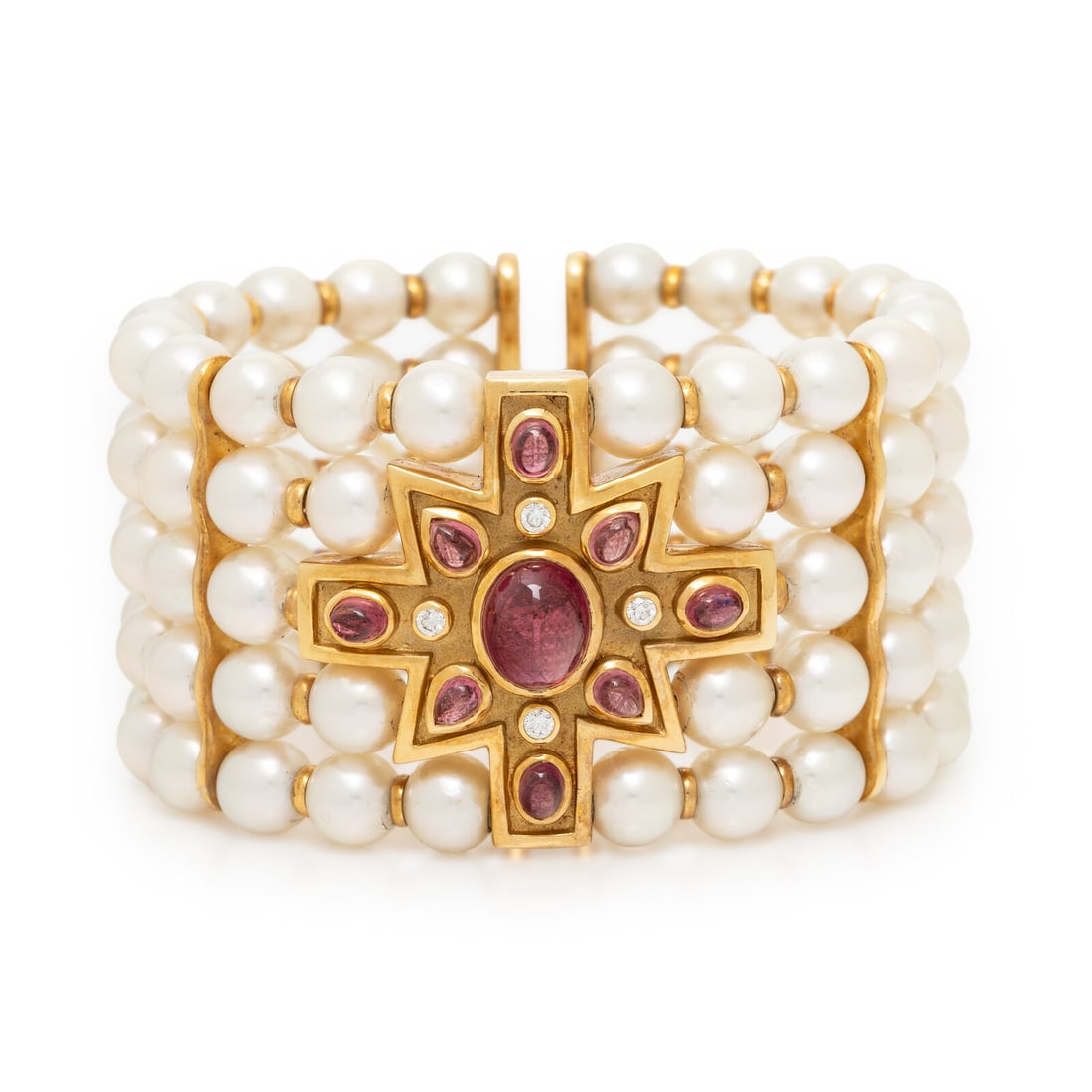 CULTURED PEARL, PINK TOURMALINE, AND DIAMOND MALTESE CROSS CUFF BRACELET: CULTURED PEARL, PINK TOURMALINE, AND DIAMOND MALTESE CROSS CUFF BRACELET Cultured pearls measuring approximately 7.75 - 8.00 mm, oval and pear cabochon pink tourmalines, and round diamonds. 18 karat y