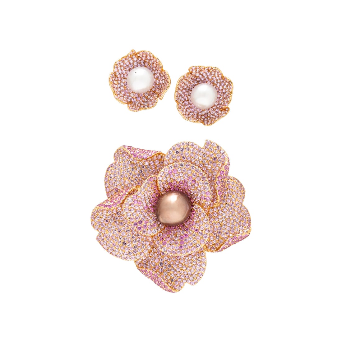 PINK SAPPHIRE, CULTURED PEARL, AND ROSE GOLD FLOWER EARRINGS AND BROOCH: PINK SAPPHIRE, CULTURED PEARL, AND ROSE GOLD FLOWER EARRINGS AND BROOCH Including a pair of earrings with pavé-set round pink sapphires and cultured pearls measuring approximately 11.00 mm, and a bro