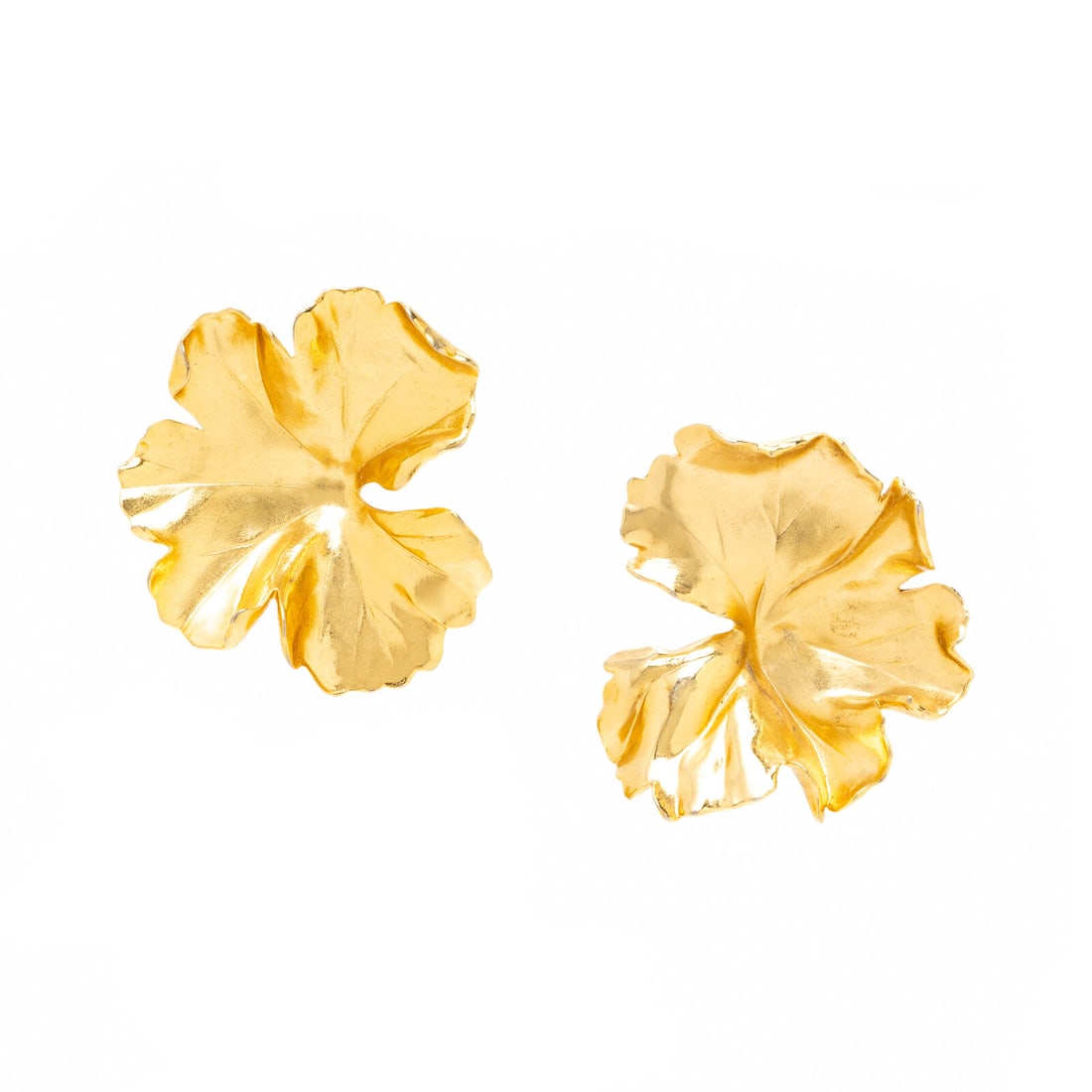JAR, ALUMINUM 'GERANIUM LEAF' EARRINGS: JAR, ALUMINUM 'GERANIUM LEAF' EARRINGS Sculpted yellow gold-tone aluminum. 2 inches long. Stamp: JAR PARIS 21. Gross weight: 15.00 dwt. From the Collection of Chicago Civic Leader Maureen Dwyer Smith
