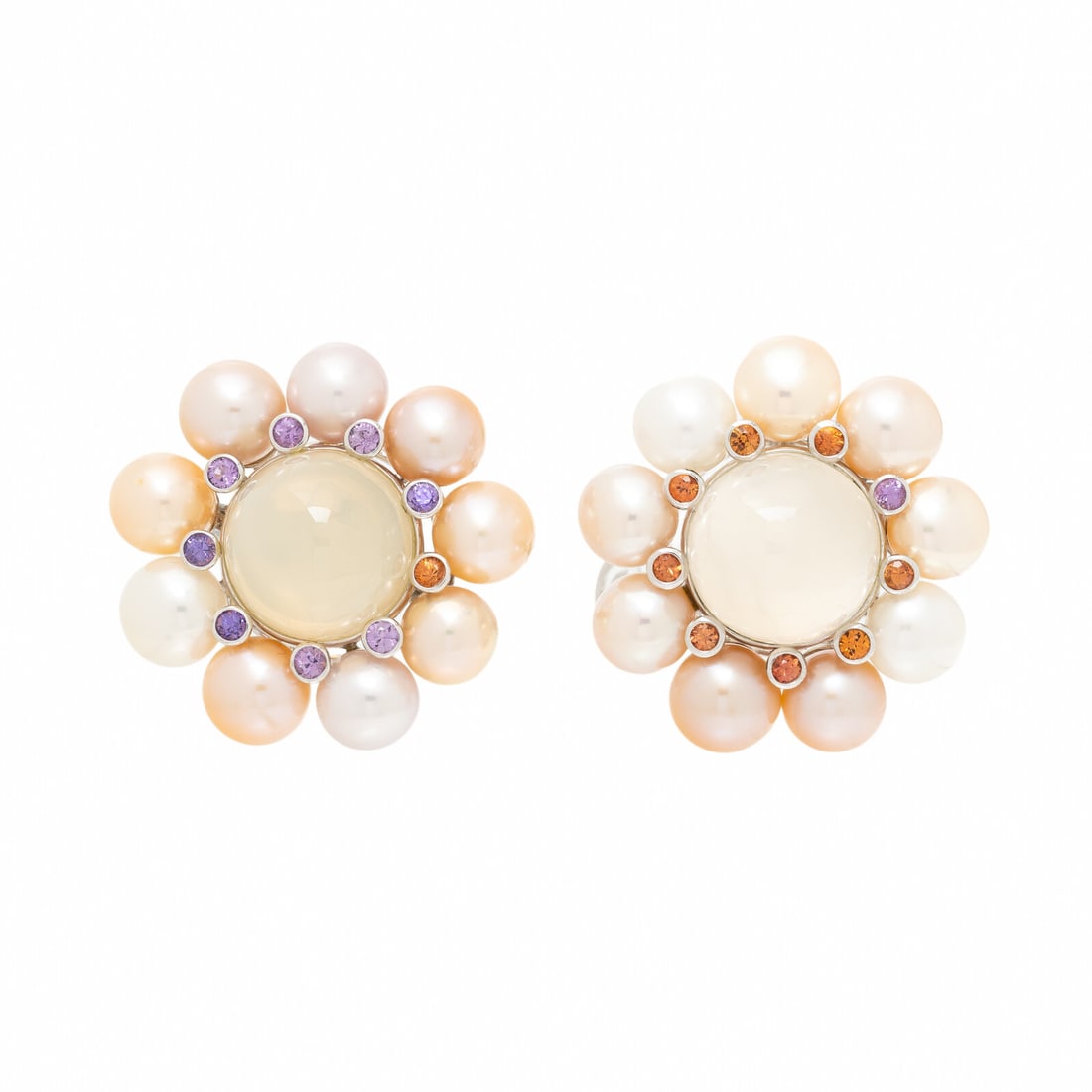 MOONSTONE, CULTURED PEARL, MULTIGEM AND WHITE GOLD EARRINGS: MOONSTONE, CULTURED PEARL, MULTIGEM AND WHITE GOLD EARRINGS Round cabochon moonstones measuring approximately 16.00 mm, white and pink cultured pearls (origin of color not tested) measuring approximat