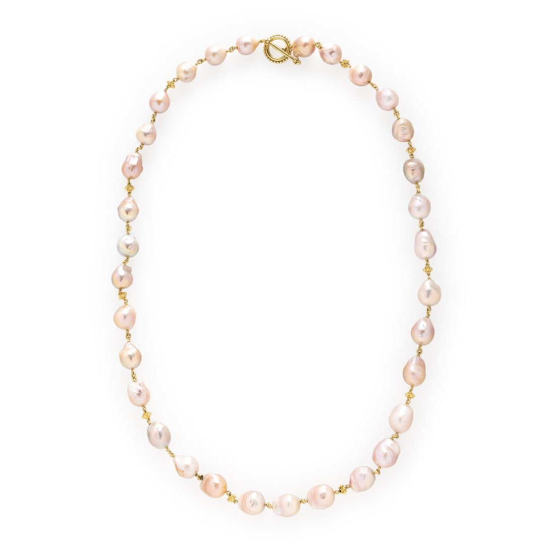 BAROQUE PINK CULTURED PEARL AND YELLOW GOLD NECKLACE: BAROQUE PINK CULTURED PEARL AND YELLOW GOLD NECKLACE Baroque pink cultured pearls (origin of color not tested) measuring approximately 14.50 - 18.75 mm. Yellow gold. 34 1/2 inches long. Gross weight: