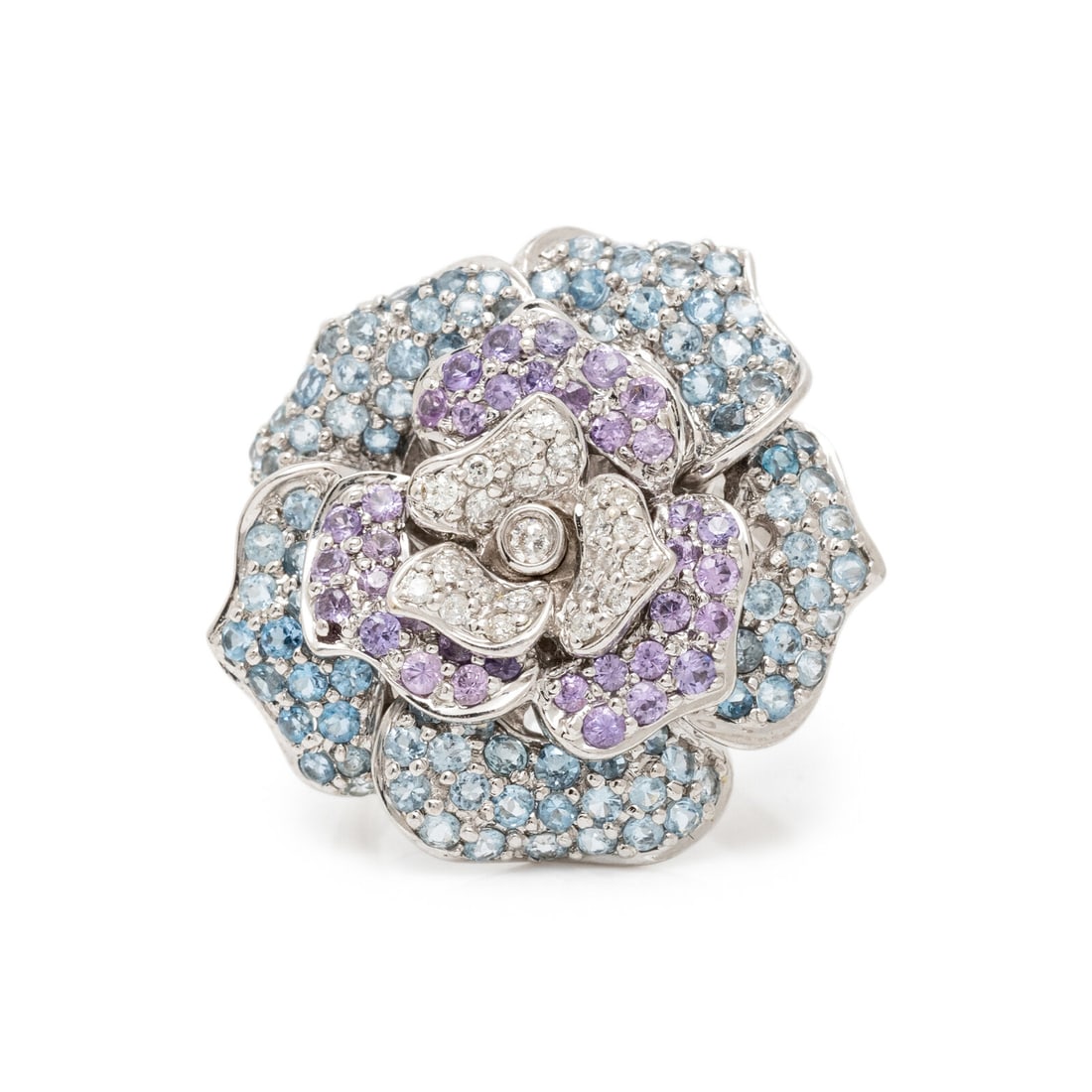 SONIA B., WHITE GOLD, DIAMOND, AQUAMARINE, AND PURPLE SAPPHIRE FLOWER RING (1 of 3)