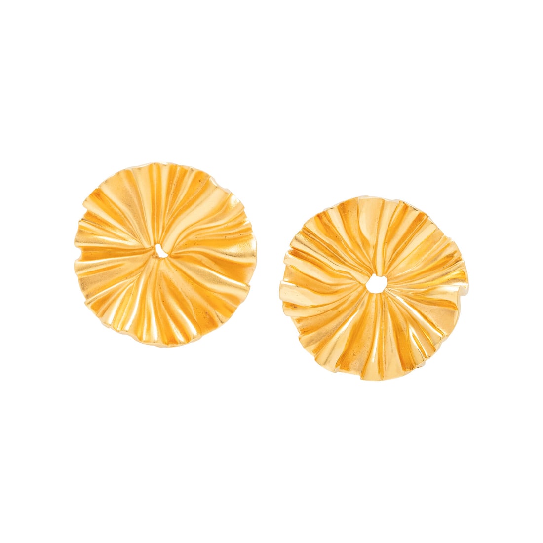 JAR, ALUMINUM 'COL PLISSÉ' EARRINGS: JAR, ALUMINUM 'COL PLISSÉ' EARRINGS Sculpted yellow gold-tone aluminum with 18 karat yellow gold clip backs. 1 3/4 inches long. Stamp: JAR PARIS aluminum. Clip backs stamp: (French maker's mark)(Fren