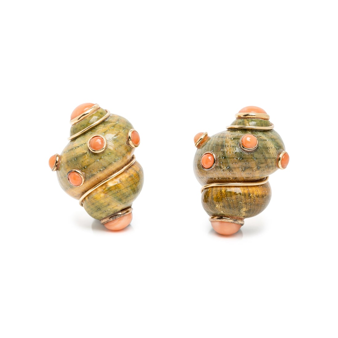 MAZ, TURBO SHELL, CORAL, AND YELLOW GOLD EARRINGS (1 of 2)