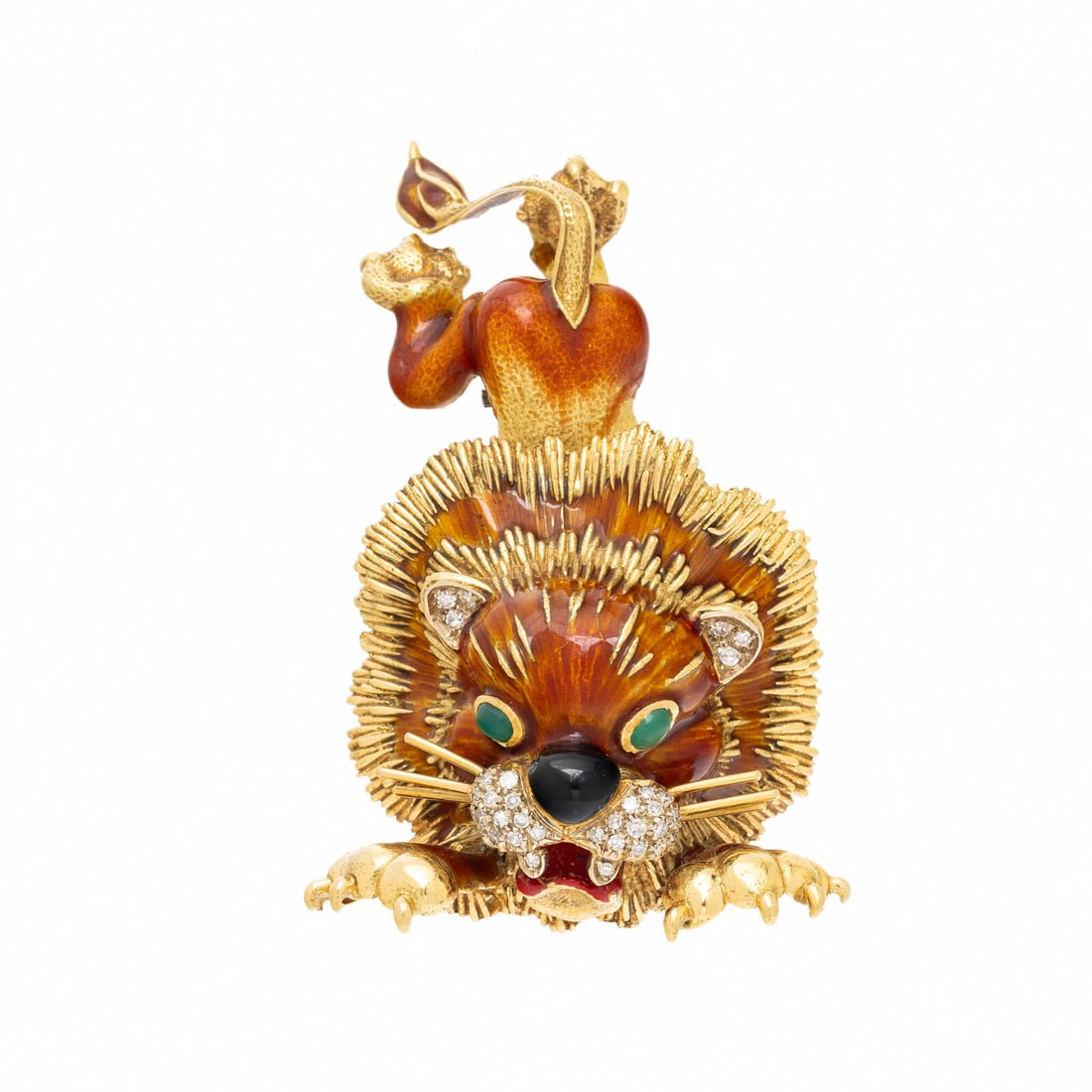 YELLOW GOLD, DIAMOND, AND ENAMEL LION BROOCH (1 of 2)