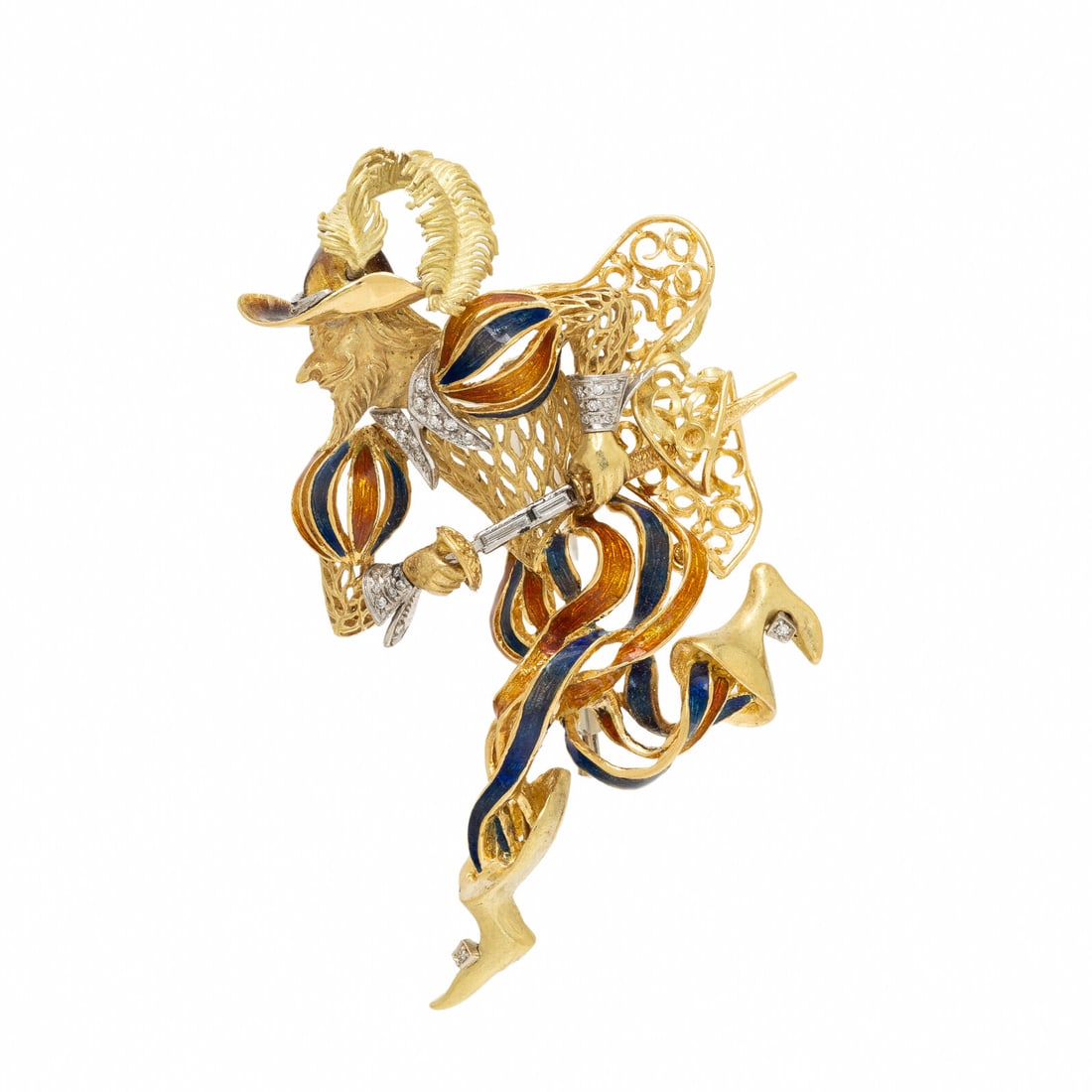 BICOLOR GOLD, DIAMOND, AND ENAMEL FIGURAL BROOCH (1 of 2)