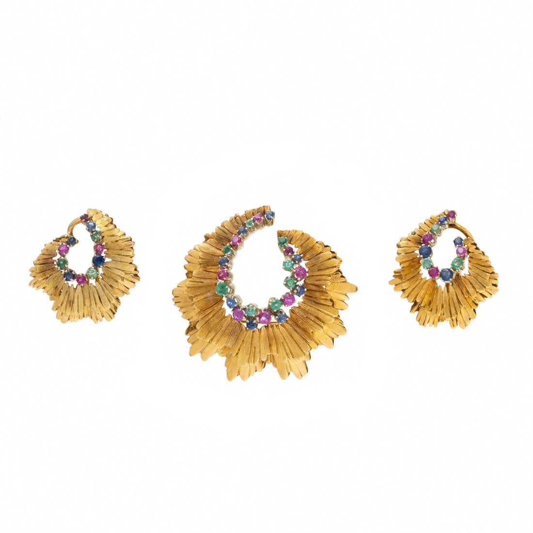 YELLOW GOLD, RUBY, EMERALD, AND SAPPHIRE BROOCH AND EARRINGS SET (1 of 2)