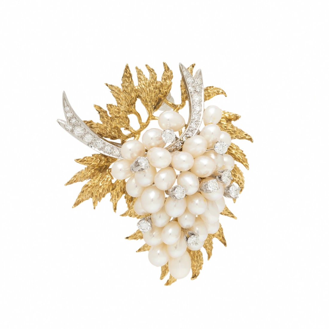 BICOLOR GOLD, DIAMOND, AND CULTURED PEARL CONVERTIBLE BROOCH: BICOLOR GOLD, DIAMOND, AND CULTURED PEARL CONVERTIBLE BROOCH Round diamonds weighing approximately 1.20 carats total, and cultured pearls measuring approximately 4.30 - 5.50 mm. White gold, with 18 ka