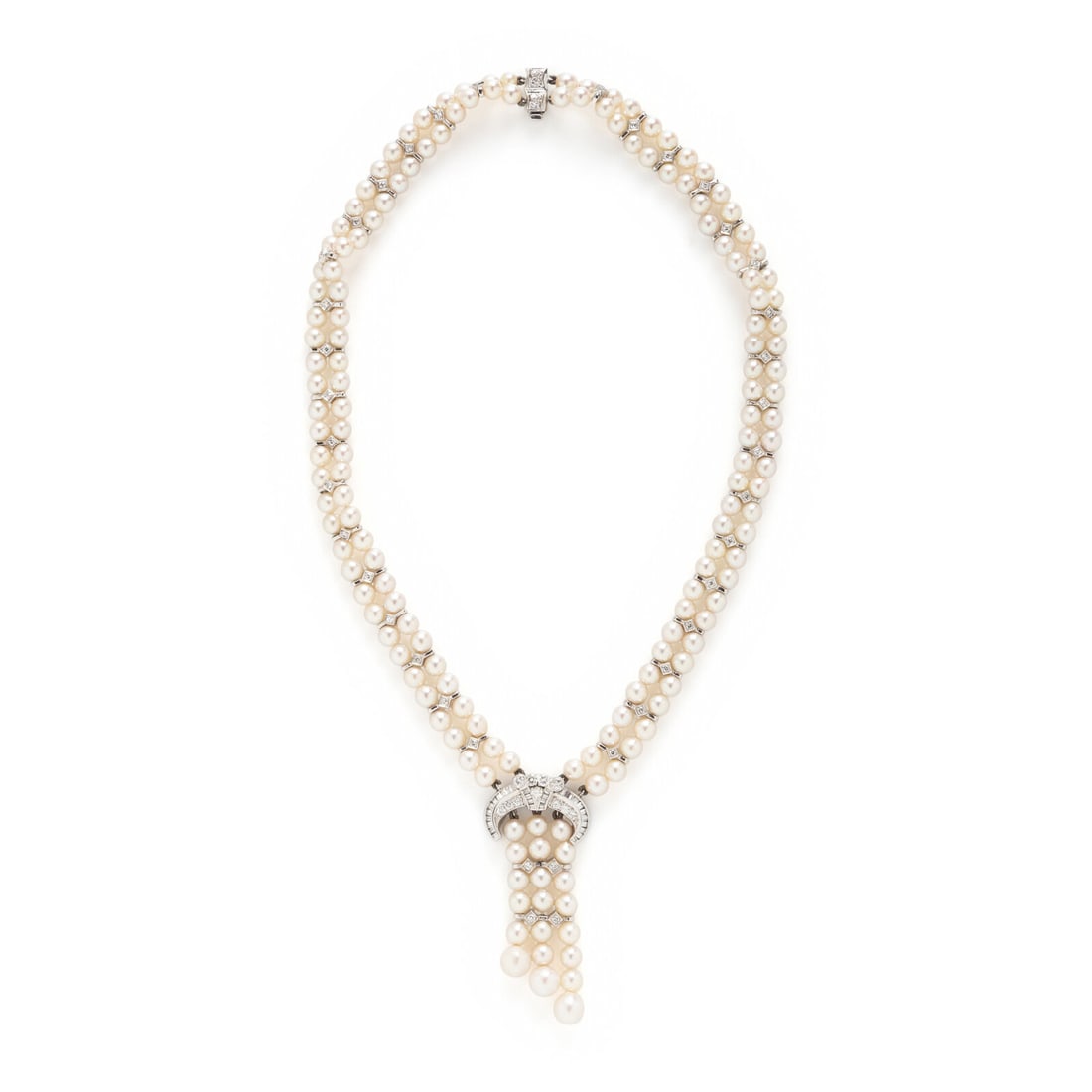 CULTURED PEARL AND DIAMOND NECKLACE: CULTURED PEARL AND DIAMOND NECKLACE Cultured pearls measuring approximately 4.50 - 7.00 mm and round and baguette cut diamonds weighing approximately 1.50 carats total. White gold. 16 1/2 inches long,