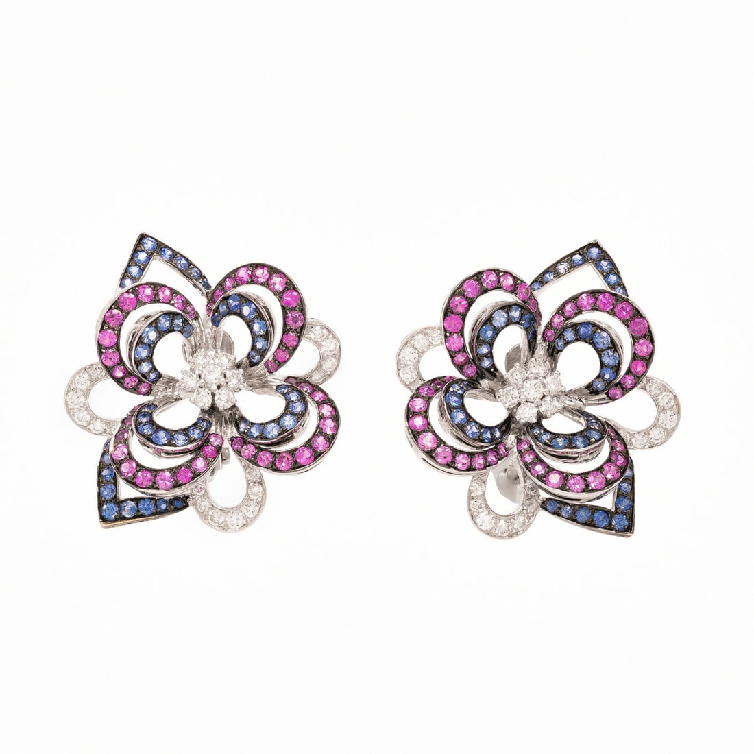 PINK SAPPHIRE, SAPPHIRE, AND DIAMOND FLOWER EARRINGS (1 of 2)