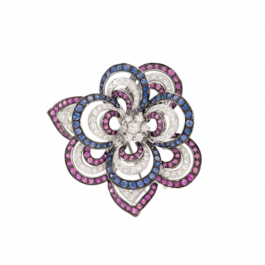 PINK SAPPHIRE, SAPPHIRE, AND DIAMOND FLOWER BROOCH (1 of 2)