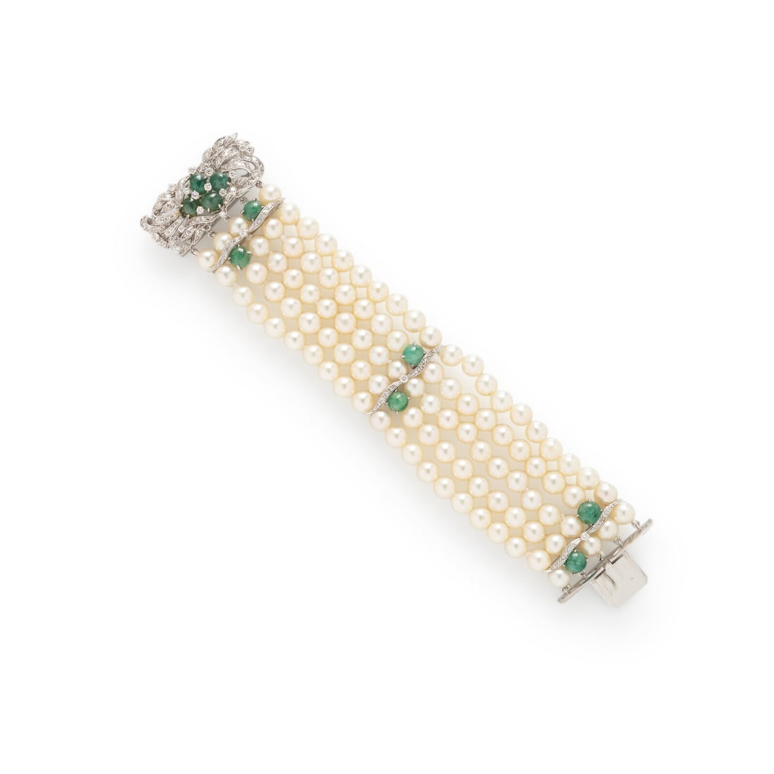 CULTURED PEARL, EMERALD, DIAMOND, AND PLATINUM BRACELET: CULTURED PEARL, EMERALD, DIAMOND, AND PLATINUM BRACELET Cultured pearls measuring approximately 6.75 - 7.20 mm, round and single cut diamonds weighing approximately 1.95 carats total, and round and ov