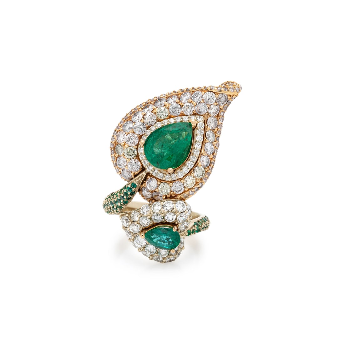 EMERALD, COLORED DIAMOND, AND DIAMOND BYPASS LEAF RING (1 of 5)