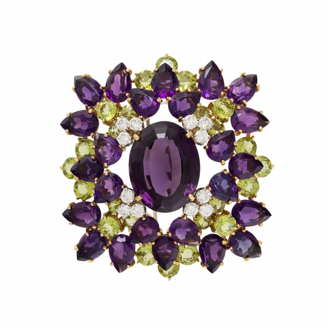 AMETHYST, PERIDOT AND DIAMOND BROOCH: AMETHYST, PERIDOT AND DIAMOND BROOCH Oval and pear shape amethysts, round peridot, and round diamonds weighing approximately 1.10 carats total. Yellow gold. 1 7/8 x 1 7/8 inches. Gross weight: 22.65 d
