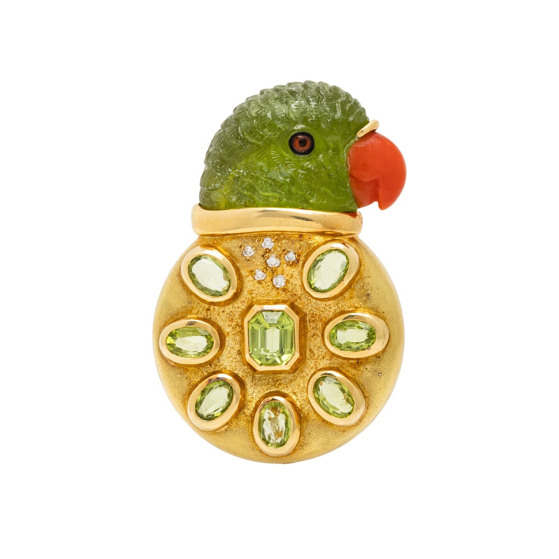 ELIZABETH GAGE, MULTIGEM AND YELLOW GOLD PARROT BROOCH (1 of 2)