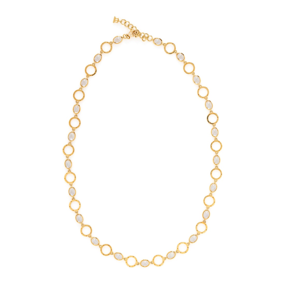 TEMPLE ST. CLAIR, MOONSTONE AND YELLOW GOLD NECKLACE: TEMPLE ST. CLAIR, MOONSTONE AND YELLOW GOLD NECKLACE Oval cabochon moonstones, the clasp set with round diamonds. 18 karat yellow gold. 19 - 20 1/2 inches long. Stamp: 750 (maker's mark). Gross weight