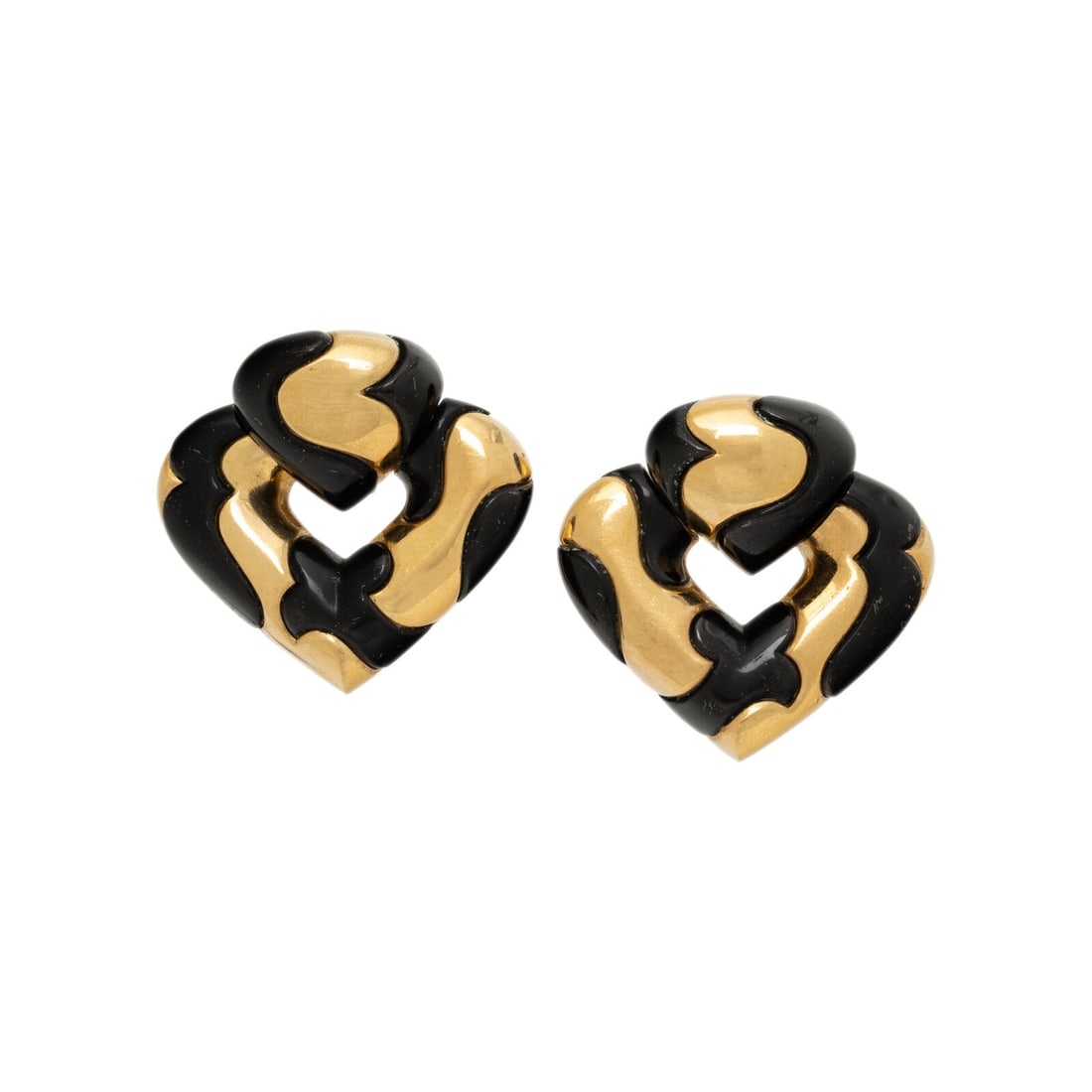 MARINA B., YELLOW GOLD AND BLACK ENAMEL 'PARDY' EARRINGS: MARINA B., YELLOW GOLD AND BLACK ENAMEL 'PARDY' EARRINGS Black enamel. 18 karat yellow gold. 1 3/8 inches long. Stamp: Marina B 750 MB 1987 A180 (Italian marks). Gross weight: 30.30 dwt. From the Coll