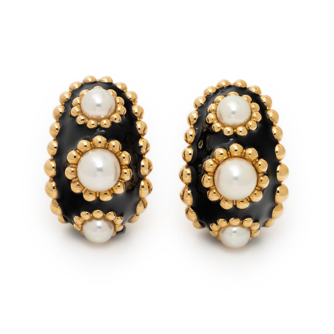 CHANEL, CULTURED PEARL, ENAMEL, AND YELLOW GOLD EARRINGS (1 of 2)