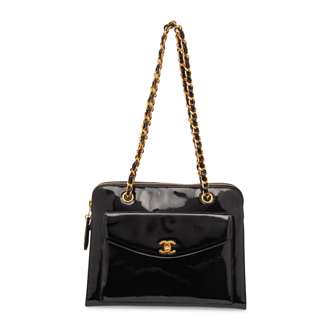 CHANEL, PATENT LEATHER SHOULDER BAG: CHANEL, PATENT LEATHER SHOULDER BAG Chanel front pocket shoulder bag in black patent leather with 24k-gold plated hardware. Zipper closure and interwoven patent leather-metal chain strap. Label: Chane