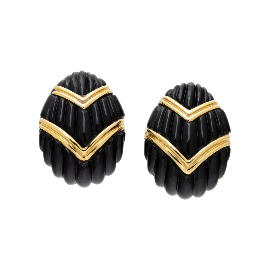 TURI, ONYX AND YELLOW GOLD EARRINGS: TURI, ONYX AND YELLOW GOLD EARRINGS Carved black onyx. 18 karat yellow gold. 1 1/8 x 3/4 inches. Stamp: 18K (maker's mark). Gross weight: 16.25 dwt. Property of a Southern Socialite