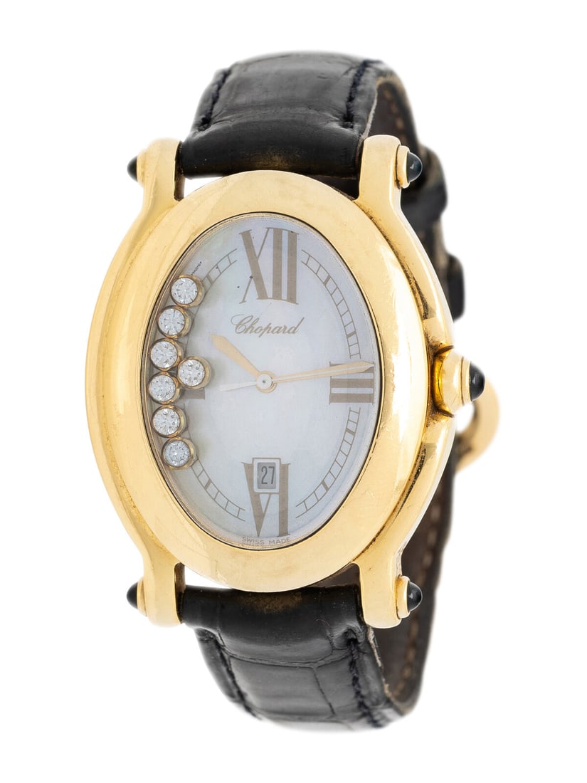 CHOPARD, YELLOW GOLD, MOTHER-OF-PEARL, AND DIAMOND 'HAPPY SPORT' DATE WATCH (1 of 3)
