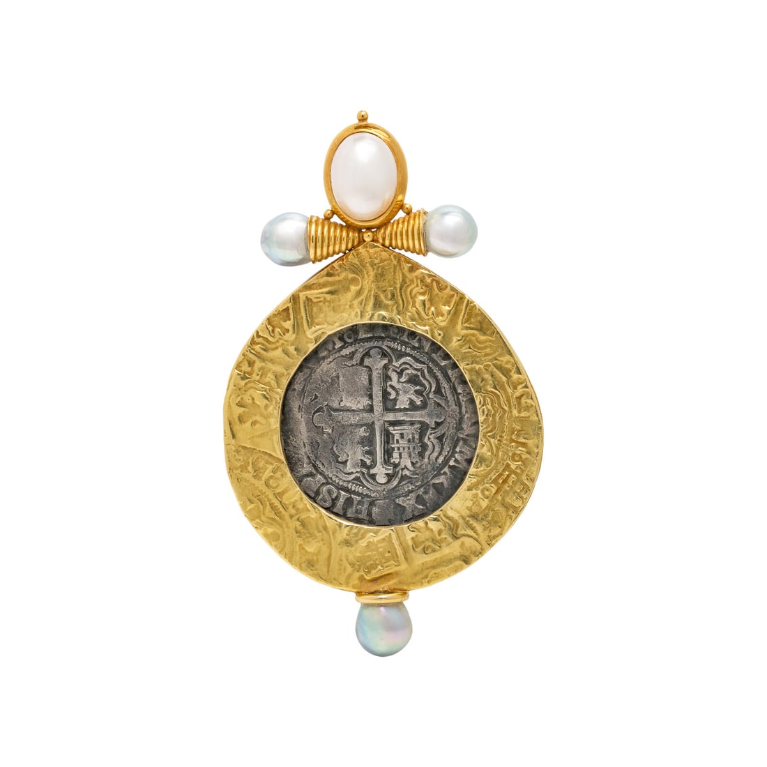 ELIZABETH GAGE, SPANISH COLONIAL COIN, CULTURED PEARL, AND YELLOW GOLD PENDANT BROOCH: ELIZABETH GAGE, SPANISH COLONIAL COIN, CULTURED PEARL, AND YELLOW GOLD PENDANT BROOCH Spanish colonial silver one-reale coin, cultured pearls measuring approximately 7.75 - 8.25 mm, and a mabé pearl.