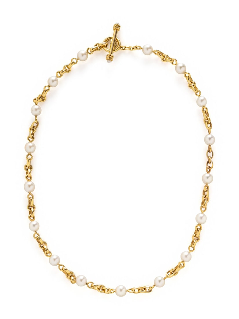 ELIZABETH LOCKE, CULTURED PEARL AND YELLOW GOLD STATION NECKLACE: ELIZABETH LOCKE, CULTURED PEARL AND YELLOW GOLD STATION NECKLACE Cultured pearls measuring approximately 8.00 - 8.25 mm each and seed pearl terminals. 18 karat yellow gold. 21 inches long. Stamp: 18K