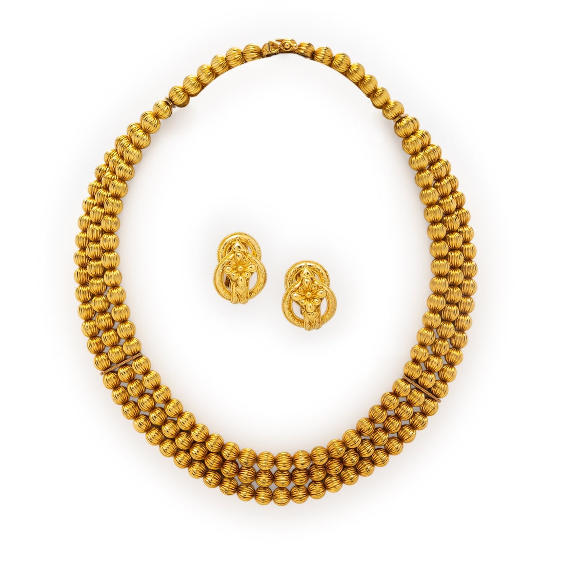 LALAOUNIS, YELLOW GOLD HERCULES KNOT EARRINGS AND BEADED NECKLACE (1 of 2)