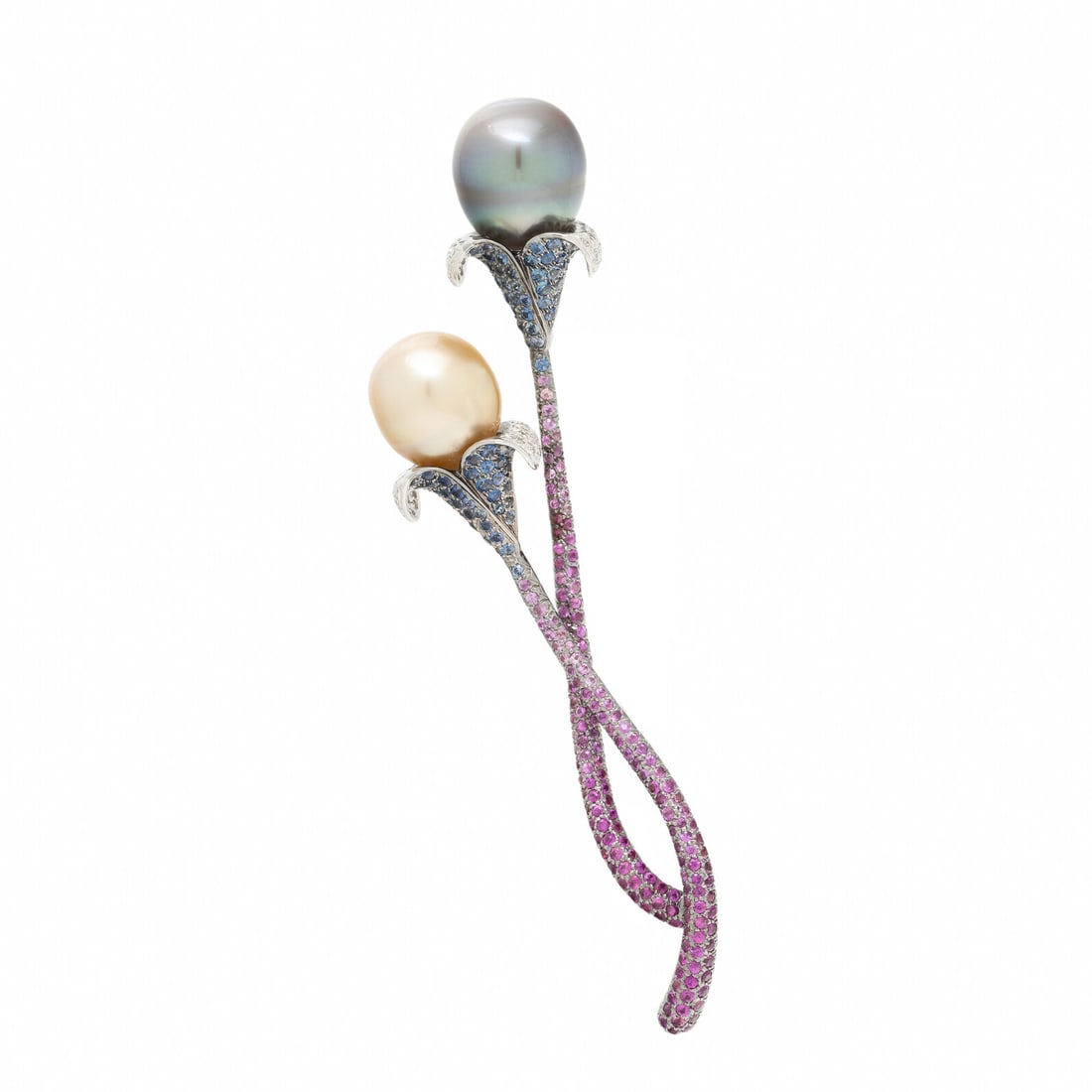 CULTURED PEARL, SAPPHIRE, DIAMOND, AND BLACKENED GOLD FLORAL BROOCH: CULTURED PEARL, SAPPHIRE, DIAMOND, AND BLACKENED GOLD FLORAL BROOCH Cultured grey and gold pearls (origin of color not tested) measuring approximately 13.00 - 13.50 mm, pavé-set round diamonds weighi