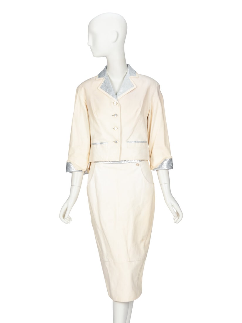 CHANEL, CREAM AND SILVER LEATHER SKIRT SUIT, 2012 (1 of 4)