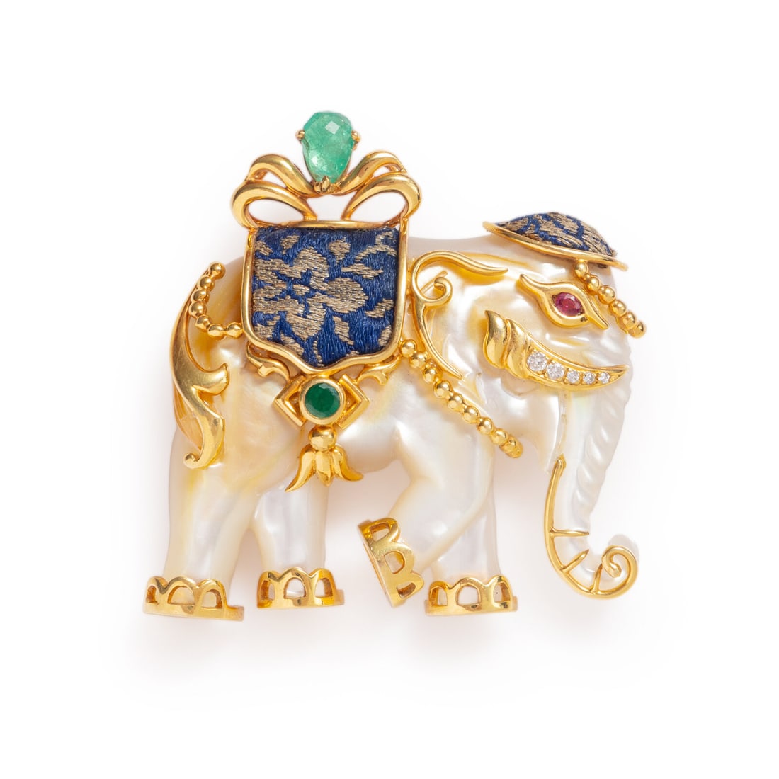 MOTHER-OF-PEARL, MULTIGEM, AND YELLOW GOLD ELEPHANT BROOCH (1 of 2)