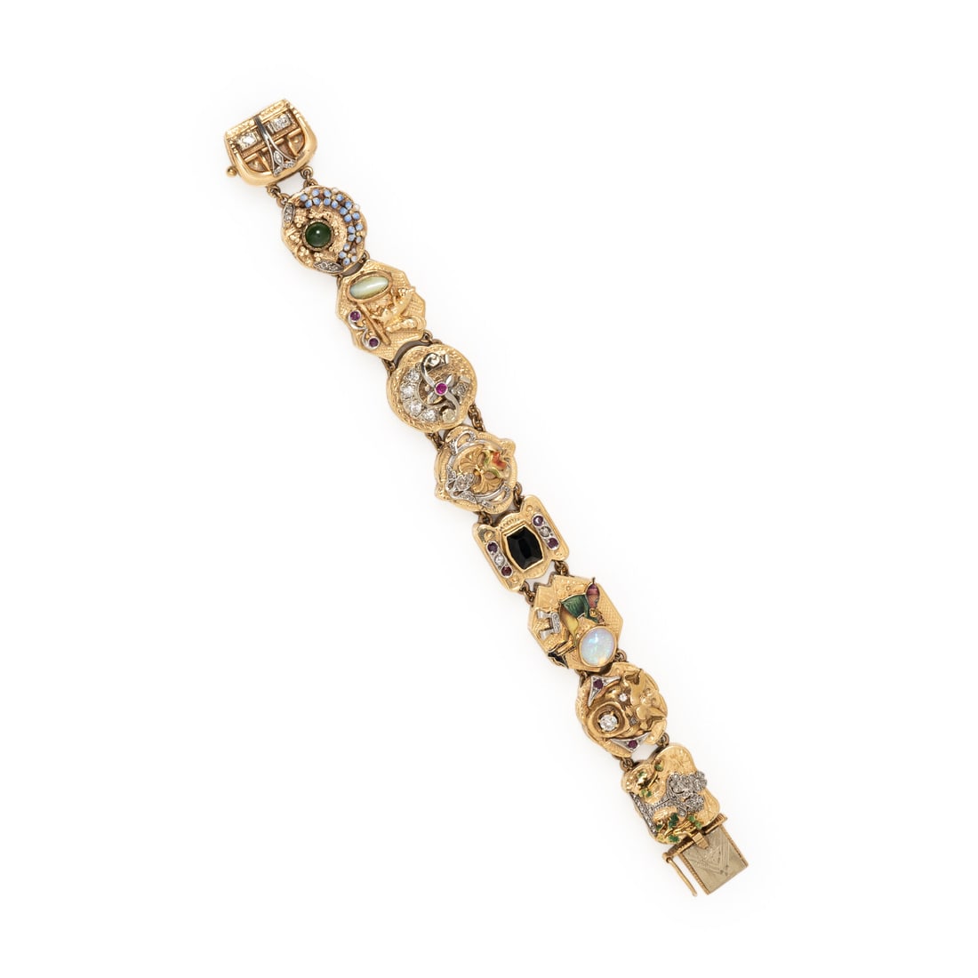YELLOW GOLD AND MULTIGEM SLIDE CHARM BRACELET: YELLOW GOLD AND MULTIGEM SLIDE CHARM BRACELET Nine slide charms, set throughout with enamel and stones including synthetic cat's eye, opal, ruby, green tourmaline, and round, single, old European, and