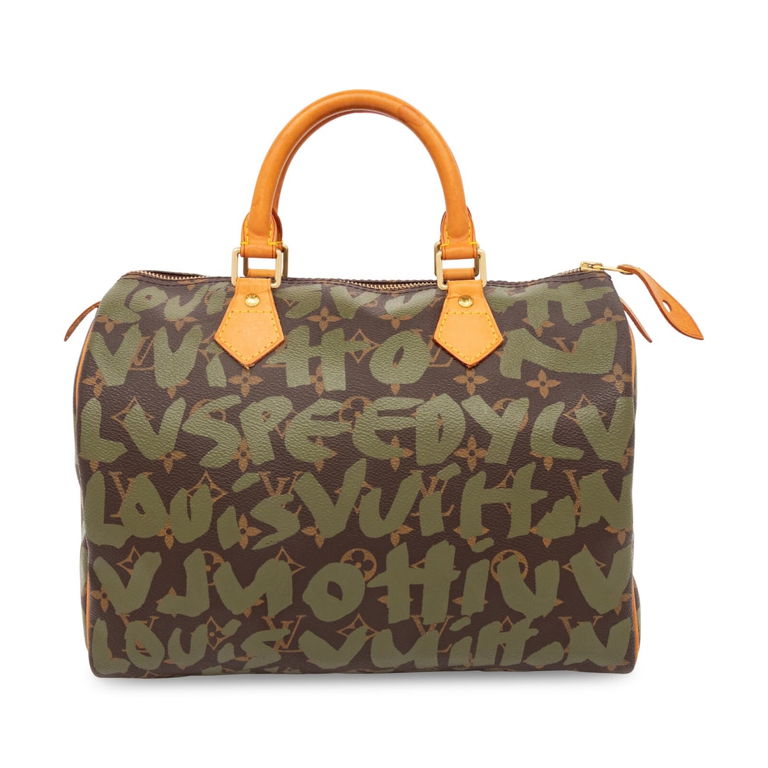 LOUIS VUITTON, SPEEDY 30 WITH STEPHEN SPROUSE GRAFFITI: LOUIS VUITTON, SPEEDY 30 WITH STEPHEN SPROUSE GRAFFITI Speedy 30 bag in monogram coated canvas with green Stephen Sprouse graffiti overlay print. With Vachetta leather trim, zipper closure and rolled