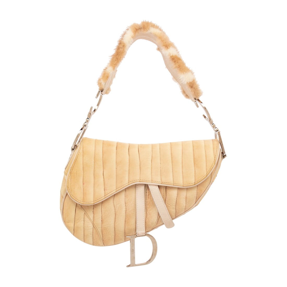 CHRISTIAN DIOR, FUR-TRIM EEL SKIN SADDLE BAG (1 of 5)