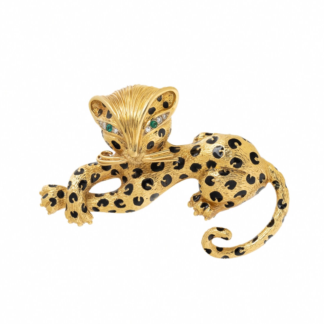 FRED PARIS, YELLOW GOLD, ENAMEL, DIAMOND, AND EMERALD LEOPARD BROOCH (1 of 2)