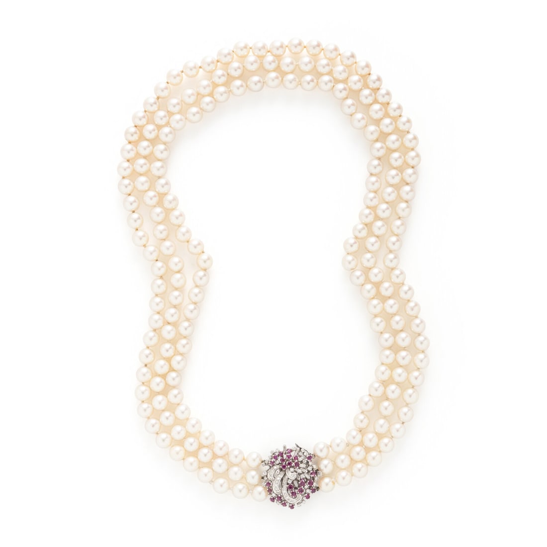 CULTURED PEARL, RUBY, DIAMOND, AND WHITE GOLD NECKLACE (1 of 3)