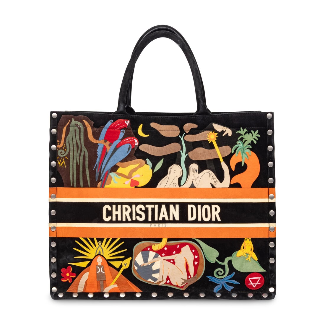 CHRISTIAN DIOR, 'LA TERRE' LARGE SUEDE BOOK TOTE: CHRISTIAN DIOR, 'LA TERRE' LARGE SUEDE BOOK TOTE Large 'La Terre' Book Tote bag in black suede with multicolor suede figurative appliqués and silver-tone metal studs. Rolled suede handles. Label: