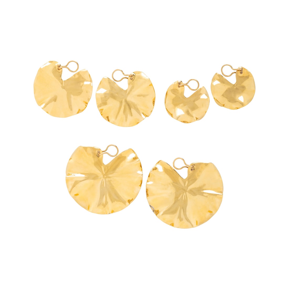 JAR, THREE PAIRS OF ALUMINUM 'LILY PAD' EARRINGS: JAR, THREE PAIRS OF ALUMINUM 'LILY PAD' EARRINGS Sculpted yellow gold-tone aluminum. 1 1/8 inches long, 1 3/8 inches long, and 1 3/4 inches long. Stamp: JAR 15. Stamp: JAR 15. Stamp: JAR 15. Gross wei
