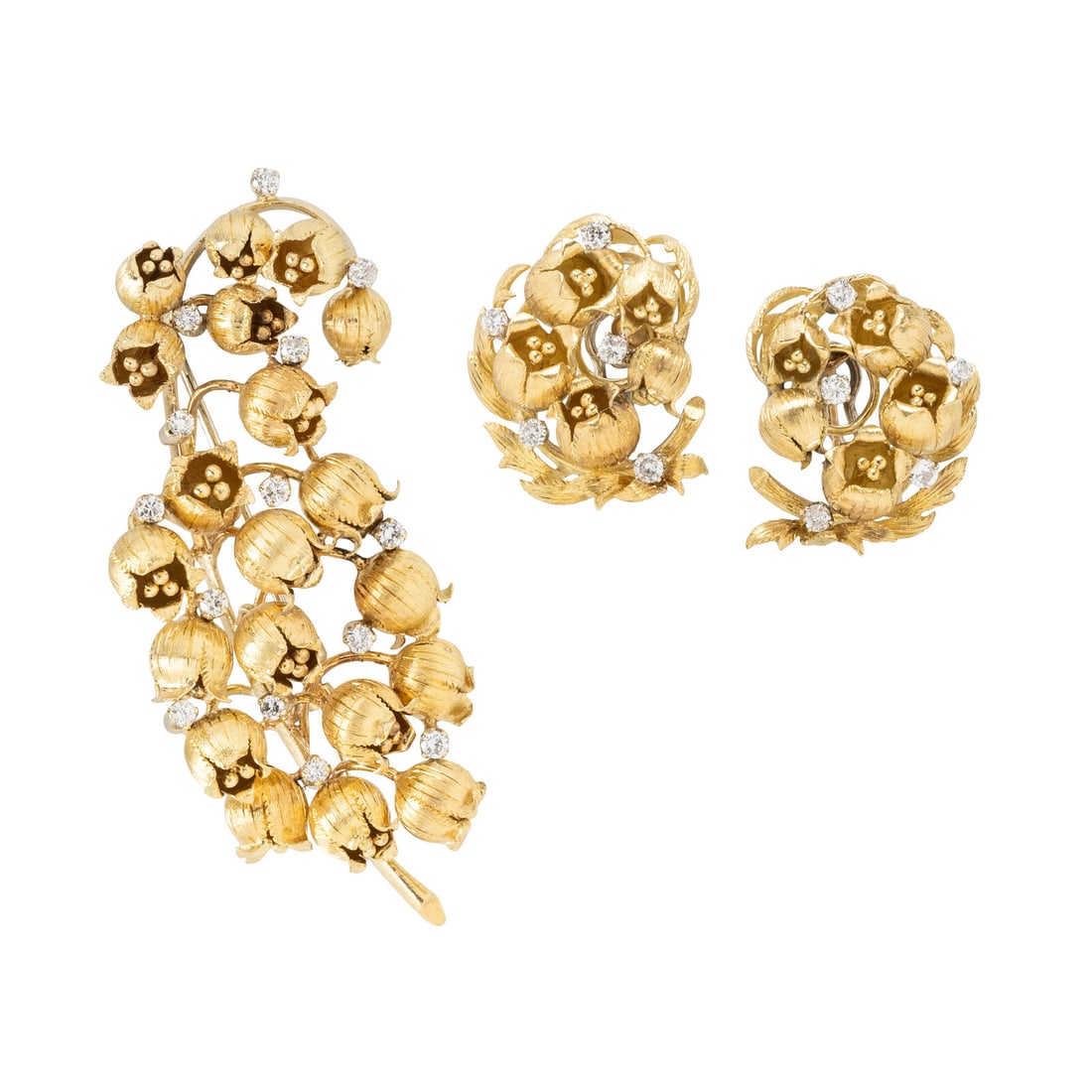 YELLOW GOLD AND DIAMOND LILY OF THE VALLEY BROOCH AND EARRINGS (1 of 2)