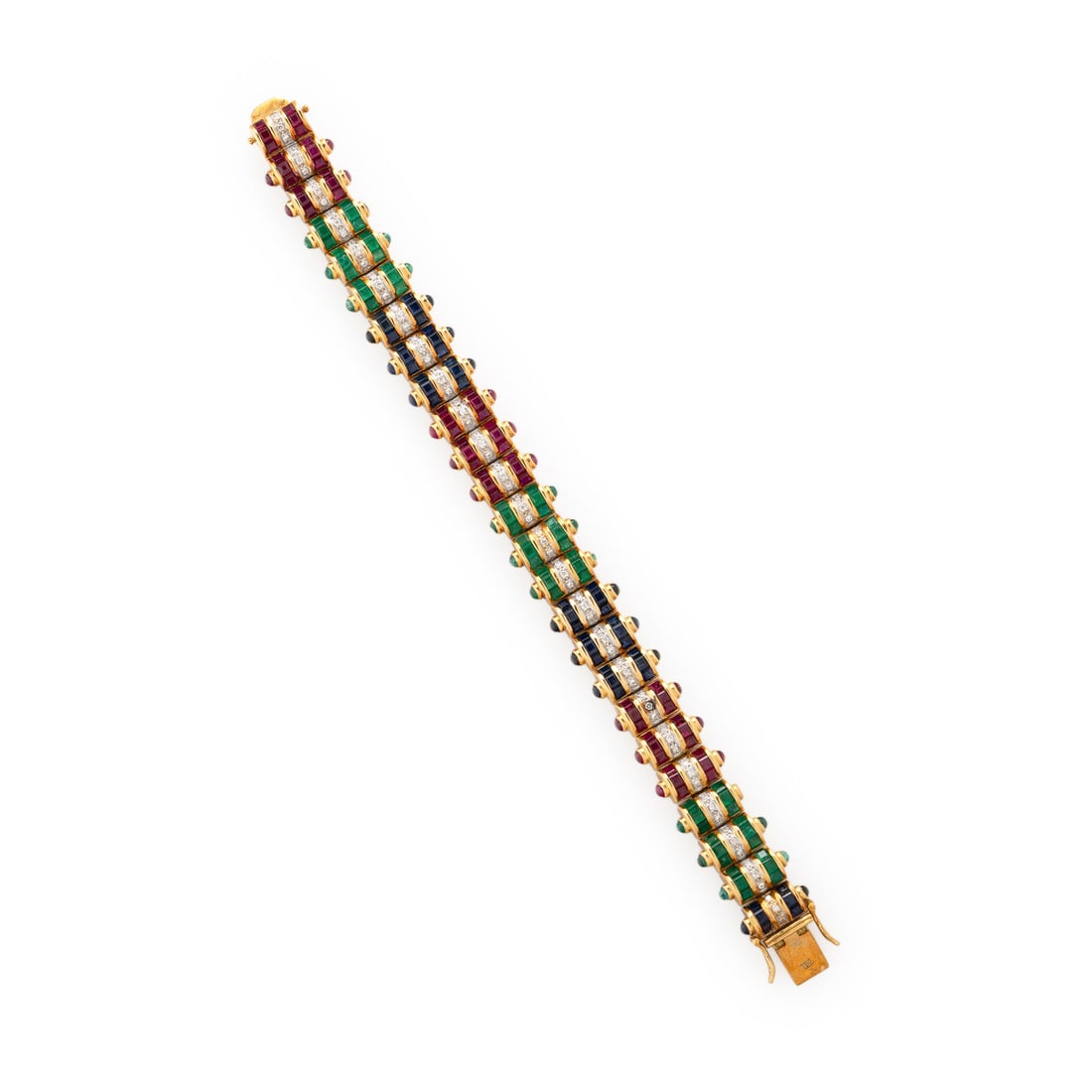 RUBY, EMERALD, SAPPHIRE, DIAMOND, AND YELLOW GOLD BRACELET: RUBY, EMERALD, SAPPHIRE, DIAMOND, AND YELLOW GOLD BRACELET Square step cut rubies, emeralds, and sapphires, round cabochon rubies, emeralds, and sapphires, and round diamonds weighing approximately 0.