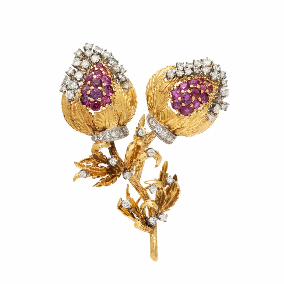 YELLOW GOLD, RUBY, AND DIAMOND FLORAL AND FOLIATE BROOCH (1 of 2)