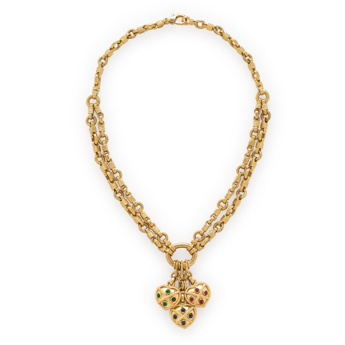 EMERALD, SAPPHIRE, RUBY, AND YELLOW GOLD HEART NECKLACE (1 of 3)