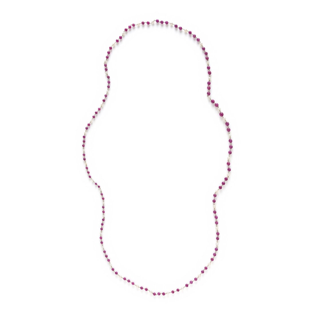 RUBY AND CULTURED PEARL NECKLACE: RUBY AND CULTURED PEARL NECKLACE Ruby beads measuring approximately 4.00 - 7.25 mm, and cultured pearls measuring approximately 4.00 - 5.50 mm. Yellow gold. 47 1/2 inches long. Gross weight: 26.80 dwt