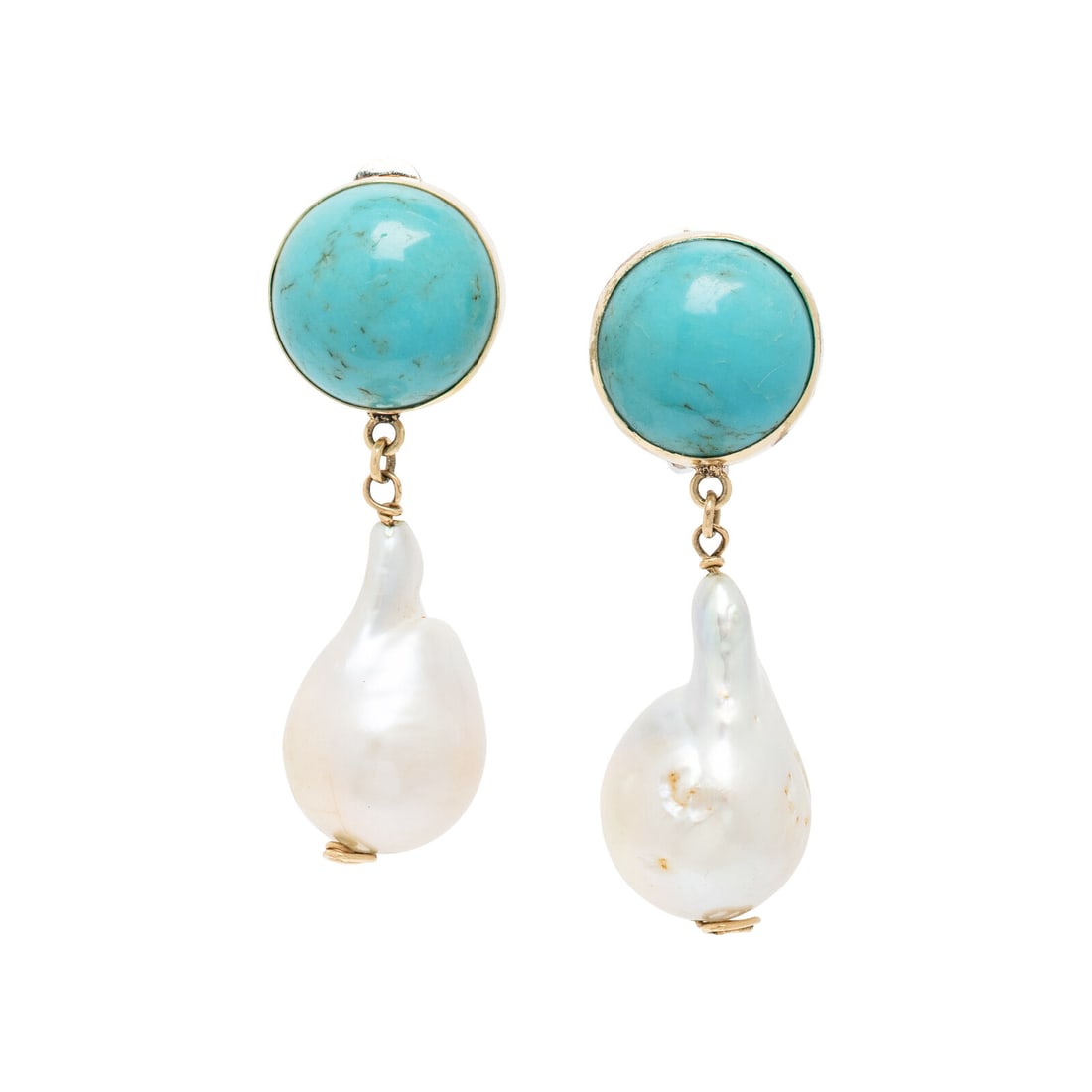 TURQUOISE AND BAROQUE CULTURED PEARL EARRINGS: TURQUOISE AND BAROQUE CULTURED PEARL EARRINGS Round cabochon turquoise measuring approximately 13.00 mm and baroque cultured pearls measuring approximately 20.00 - 21.50 mm. Yellow gold with metal cli