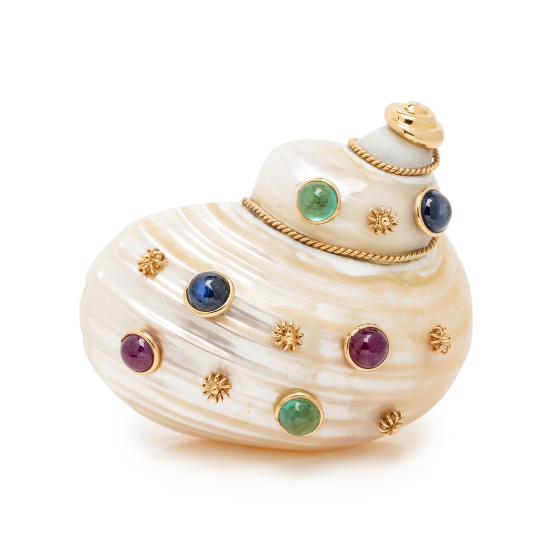 MAZ, TURBO SHELL, MULTIGEM, AND YELLOW GOLD BROOCH: MAZ, TURBO SHELL, MULTIGEM, AND YELLOW GOLD BROOCH Turbo shell, round cabochon sapphire, ruby, and emerald. 14 karat yellow gold. 1 5/8 x 1 1/8 inches. Stamp: MAZ 14K. Gross weight: 20.65 dwt.